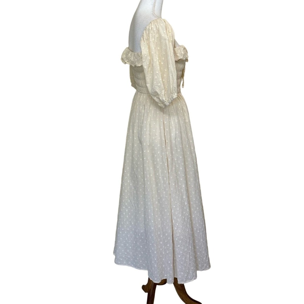 R. Vivimos Cream Swiss Dot Smocked Puff Sleeve Midi Dress Cottagecore Small - Picture 2 of 6
